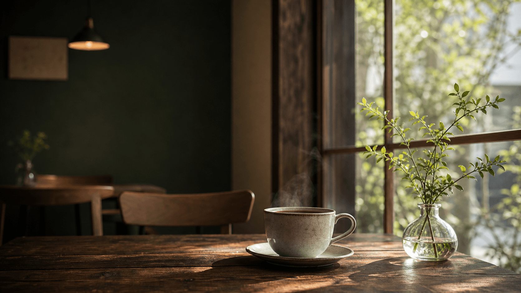 窓際の木のテーブルに置かれた温かいコーヒー