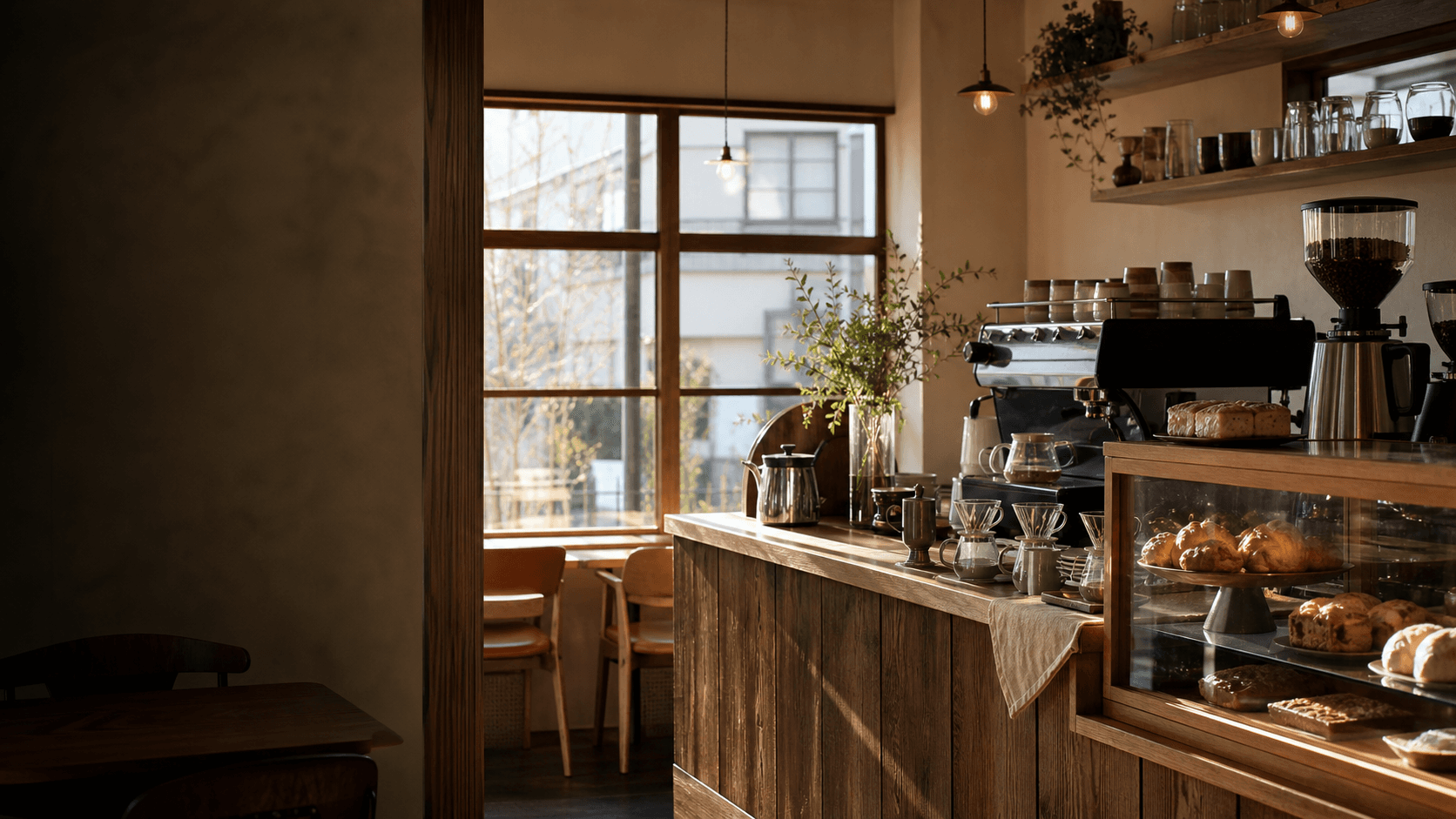 木のテーブルが並ぶカフェ店内